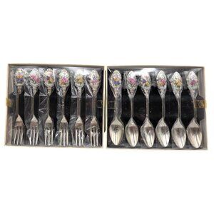 Vintage Appetizer Fork Spoon Set Floral Handles Stainless Japan New Old Stock